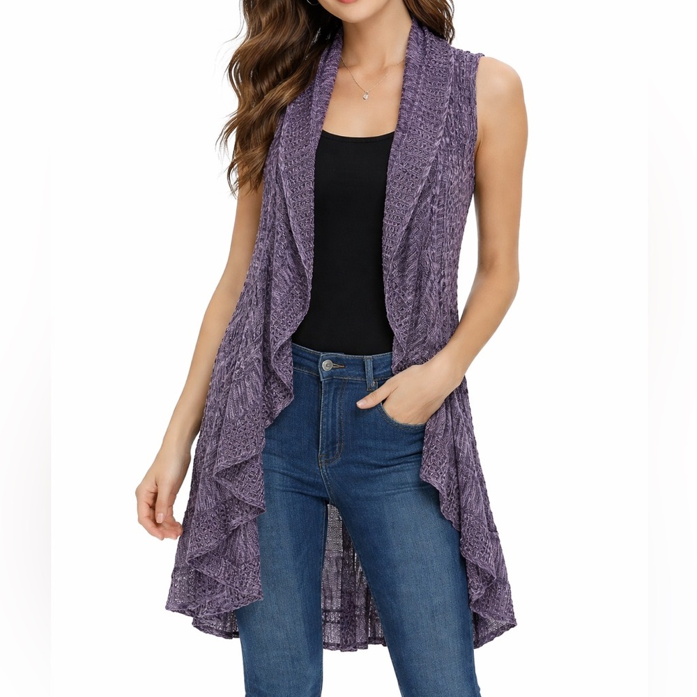 Sleeveless Knit Waterfall Front Open Cardigan